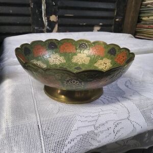 Decorative Scalloped Brass Bowl with Floral Enamel
